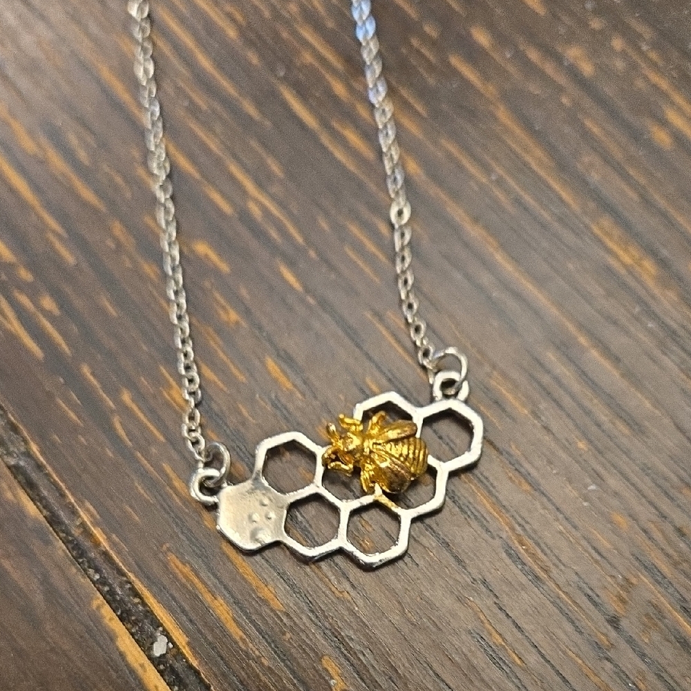 Silver and Gold Honeycomb Bee Necklace
